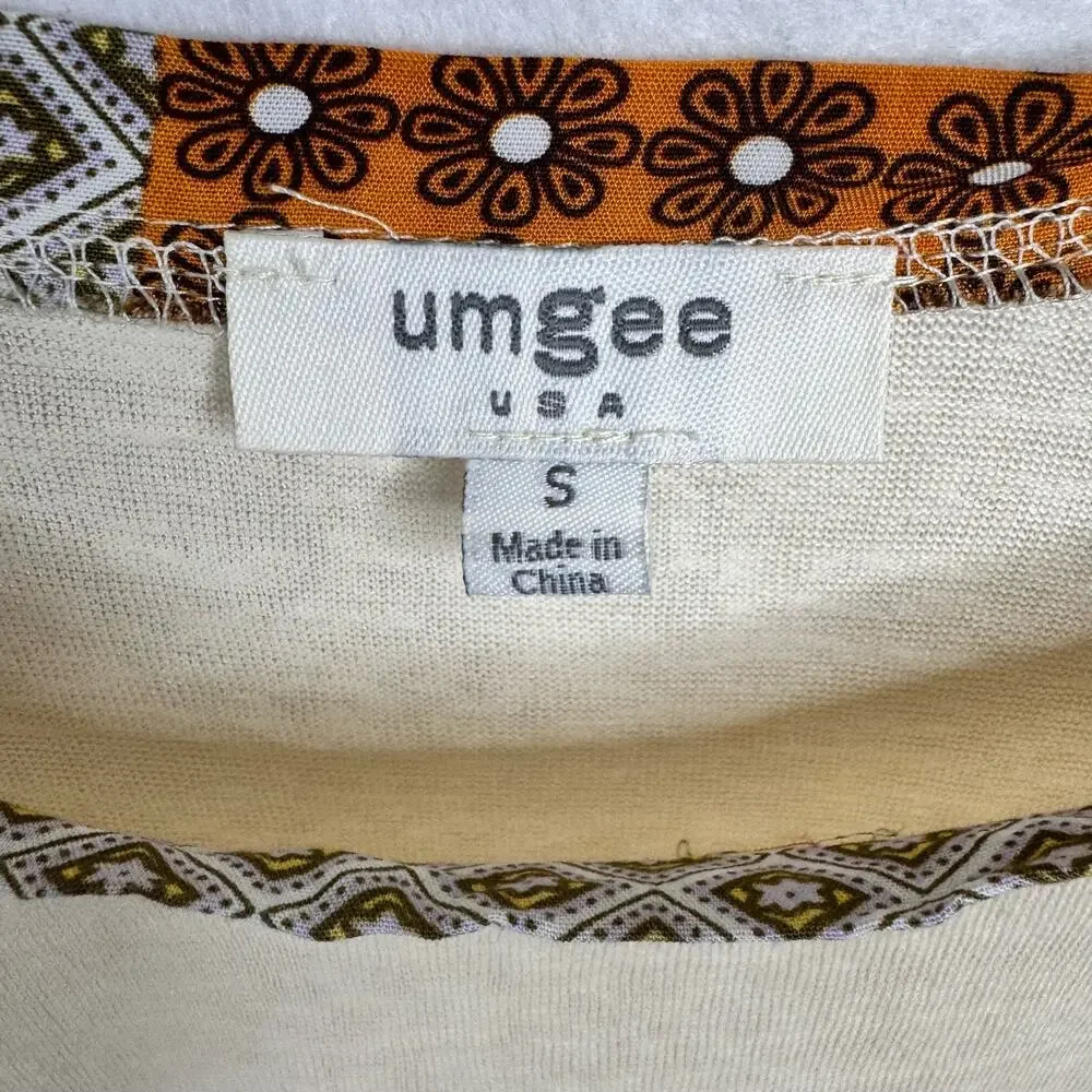 Umgee Mixed Print Balloon Sleeve Babydoll Blouse Top Boho Lightweight Size Small - Picture 8 of 9